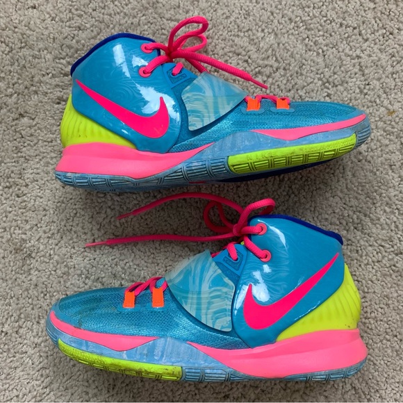 Nike Shoes Youth Nike Kyrie Irving 6 Pool Blue Pink Neon High Top Basketball Shoes Sneakers